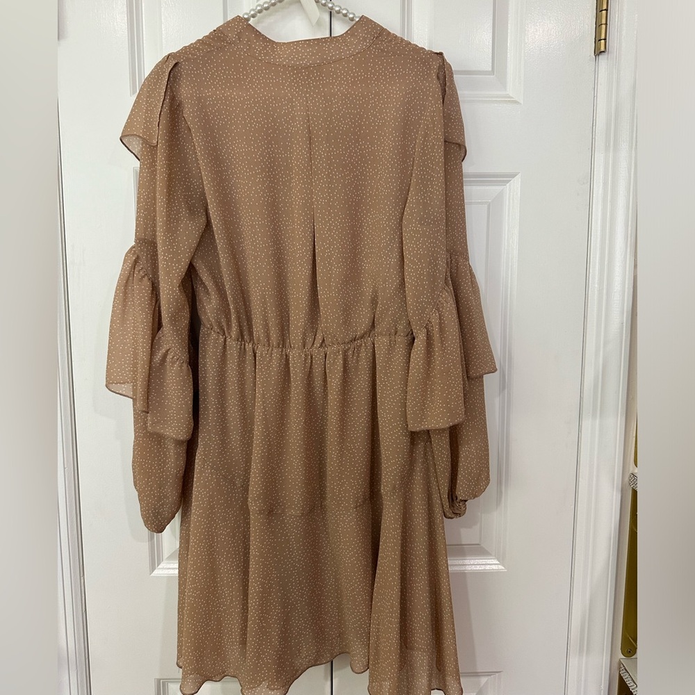 Tan Long Sleeve Dress V Neck High Waist Ruffle flowy Mini Dress with white dots - Picture 3 of 3